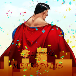 Rule 34 | 1boy, back, black hair, cape, city, confetti, dc comics, kryptonian, male focus, red cape, solo, superman, superman (series)