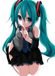 Rule 34 | 1girl, akira ry0, aqua eyes, bad id, bad pixiv id, detached sleeves, finger to mouth, green hair, hatsune miku, highres, long hair, necktie, no panties, seiza, shushing, sitting, skirt, smile, solo, twintails, very long hair, vocaloid, white background