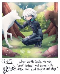 Rule 34 | 1boy, :d, ahoge, android, animal, armor, bush, cheer (cheerpuppy14), commentary, danganronpa (series), danganronpa v3: killing harmony, english commentary, english text, from side, grass, green eyes, grey hair, highres, k1-b0, long sleeves, looking at animal, male focus, open mouth, outdoors, power armor, short hair, smile, teeth, tree, upper teeth only, wolf
