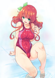 Rule 34 | 1girl, barefoot, blush, breasts, competition swimsuit, covered erect nipples, green eyes, hair ribbon, highres, kiyama satoshi, large breasts, long hair, md5 mismatch, one-piece swimsuit, open mouth, original, red hair, ribbon, sitting, smile, soaking feet, solo, swimsuit, water, wet