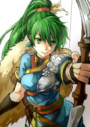 Rule 34 | 1girl, armor, arrow (projectile), blue dress, bow (weapon), dress, earrings, fingerless gloves, fire emblem, fire emblem: the blazing blade, fire emblem heroes, fur trim, gloves, green eyes, green hair, hair tie, high ponytail, highres, holding, holding bow (weapon), holding weapon, jewelry, jin (phoenixpear), long hair, lyn (fire emblem), nintendo, pelvic curtain, ponytail, quiver, sash, shoulder armor, side slit, solo, weapon