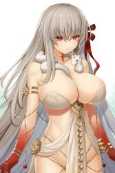 Rule 34 | 1girl, armlet, asamura hiori, bare shoulders, belly chain, between breasts, blush, body markings, bracelet, breasts, cleavage, collarbone, colored skin, durga (fate), earrings, facial mark, fate/grand order, fate (series), forehead mark, gradient skin, grey hair, groin, hair ribbon, highres, jewelry, large breasts, long hair, orange eyes, pelvic curtain, red skin, revealing clothes, ribbon, sash, snake, stomach, thumb ring, very long hair