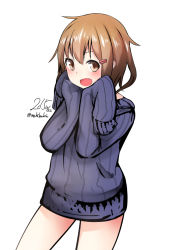 Rule 34 | 10s, 1girl, 2015, :d, bad id, bad pixiv id, brown eyes, brown hair, dated, fang, hair ornament, hairclip, ikazuchi (kancolle), kantai collection, nekobaka, open mouth, ribbed sweater, short hair, signature, sleeves past wrists, smile, solo, sweater, twitter username