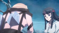 Rule 34 | 2girls, animated, animated gif, armor, ass, back, black hair, black panties, curvy, female focus, huge ass, japanese clothes, kimono, leina (queen&#039;s blade), long hair, multiple girls, panties, queen&#039;s blade, screencap, shiny skin, sky, thong, tomoe (queen&#039;s blade), underwear