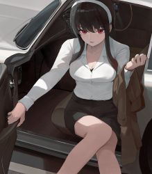 Rule 34 | 1girl, absurdres, alternate costume, aston martin db5, bad id, bad twitter id, black hair, black skirt, breasts, brown jacket, car, cleavage, commentary, hairband, highres, holding, holding clothes, holding jacket, jacket, ko-ma, long hair, long sleeves, medium breasts, motor vehicle, office lady, open door, opening door, pencil skirt, red eyes, sidelocks, sitting, skirt, solo, sports car, spy x family, thighs, white hairband, yor briar