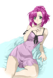 Rule 34 | 00s, 1girl, arm support, bed, breasts, cleavage, colorized, covered erect nipples, green eyes, kazami mizuho, lingerie, medium breasts, nightgown, non-web source, onegai teacher, pink hair, smile, solo, third-party edit, tim tim machine, underwear