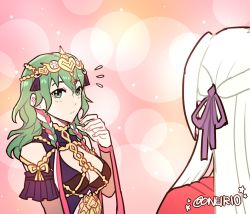 Rule 34 | 2girls, alternate costume, blush, bra, braid, breasts, byleth (female) (fire emblem), byleth (fire emblem), cape, cleavage, closed mouth, cosplay, dress, edelgard von hresvelg, fire emblem, fire emblem: three houses, garreg mach monastery uniform, green eyes, green hair, hair ornament, hair ribbon, highres, jewelry, long hair, looking at another, medium hair, multiple girls, nintendo, oneirio, red cape, ribbon, side braid, simple background, sothis (fire emblem), sothis (fire emblem) (cosplay), twin braids, underwear, uniform