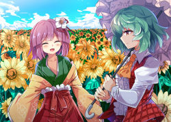 Rule 34 | 2girls, :d, ^ ^, ascot, blush, brown eyes, closed eyes, cloud, cloudy sky, collarbone, cowboy shot, day, dress shirt, e.o., field, flower, flower field, garden of the sun, green hair, hair flower, hair ornament, hakama, hakama skirt, hieda no akyuu, hime cut, holding, holding umbrella, japanese clothes, juliet sleeves, kazami yuuka, kimono, long sleeves, looking at another, multiple girls, off shoulder, open clothes, open mouth, open vest, parasol, plaid, plaid vest, puffy sleeves, purple hair, shirt, short hair, skirt, sky, smile, sunflower, sunflower field, touhou, umbrella, vest, white shirt
