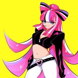 Rule 34 | 1girl, artist request, bow, breasts, closed mouth, commentary request, cookie run, crop top, gloves, happy, humanization, long hair, long sleeves, looking at viewer, medium breasts, midriff, multicolored hair, music, navel, non-web source, pants, personification, pink hair, pop star, shining glitter cookie, singing, smile, solo, sparkle, very long hair, white pants, yellow background