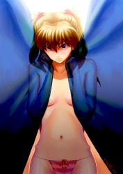 Rule 34 | 1girl, blue eyes, breasts, brown hair, covering breasts, covering privates, curtains, eimelle (nikukyuu), embarrassed, interface headset, navel, neon genesis evangelion, panties, panties only, rebuild of evangelion, red panties, revision, solo, souryuu asuka langley, standing, striped clothes, striped panties, topless, two side up, underwear, underwear only, wavy mouth