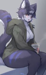 Rule 34 | 1girl, animal ear fluff, animal ears, animal nose, artist name, blue fur, blush, body fur, breasts, furry, hair between eyes, highres, jacket, looking at viewer, medium breasts, no bra, short hair, simple background, sitting, solo, suurin (ksyaro), tail, thick thighs, thighs, tongue, tongue out, yellow eyes