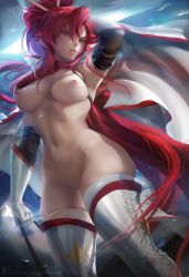 Rule 34 | 1girl, absurdres, adapted costume, artist name, breasts, formal, gloves, hair ornament, highres, large breasts, long hair, navel, nipples, pants, parted lips, ponytail, pussy, reverse outfit, sakimichan, solo, space, space yoko, suit, tengen toppa gurren lagann, thighhighs, uncensored, underboob, very long hair, watermark, web address, white thighhighs, yoko littner