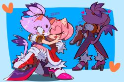Rule 34 | 2girls, absurdres, amy rose, animal ears, bad deviantart id, bad id, blaze the cat, blush, carrying, cat ears, cat girl, cat tail, closed eyes, eyelashes, fang, forehead jewel, fur-trimmed footwear, fur trim, furry, furry female, gloves, hairband, heart, hedgehog girl, high heels, highres, jacket, multiple girls, open mouth, pants, pink footwear, pink fur, ponytail, princess carry, purple fur, purple jacket, red footwear, red hairband, sonic (series), tail, white gloves, white pants, yellow eyes, yuri, zer0jenny