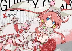 Rule 34 | 1girl, arc system works, belt, blue eyes, breasts, cleavage, clover, colored skin, dress, earrings, elphelt valentine, flower, guilty gear, guilty gear xrd, hat, jewelry, large breasts, pink hair, red hair, rose, solo, sumeshi (ambivalince), sword, weapon, wedding dress, white skin