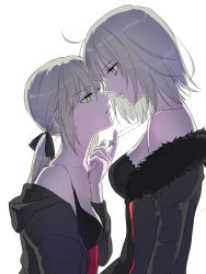 Rule 34 | 2girls, ahoge, artoria pendragon (all), artoria pendragon (fate), bare shoulders, black bow, blonde hair, bow, breasts, commentary request, eye contact, fate/grand order, fate/stay night, fate (series), from side, fur-trimmed jacket, fur trim, hair bow, highres, jacket, jeanne d&#039;arc (fate), jeanne d&#039;arc (ruler) (fate), jeanne d&#039;arc alter (fate), jeanne d&#039;arc alter (ver. shinjuku 1999) (fate), jewelry, long hair, looking at another, medium breasts, multiple girls, necklace, nipi27, off shoulder, official alternate costume, ponytail, saber (fate), saber alter, saber alter (ver. shinjuku 1999) (fate), short hair, simple background, upper body, white background, yellow eyes, yuri
