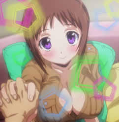 Rule 34 | 10s, 1girl, blush, breasts, brown hair, cleavage, holding hands, highres, large breasts, looking at viewer, okusama ga seito kaichou!, purple eyes, screencap, short hair, smile, stitched, third-party edit, wakana ui