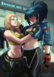 Rule 34 | 2girls, absurdres, belt, belt pouch, black choker, black gloves, black hair, black pants, black sports bra, blonde hair, blue eyes, blue jacket, blush, breasts, cammy white, cammy white (cosplay), camouflage, camouflage pants, cargo pants, choker, cleavage, commentary, commission, cosplay, costume switch, cropped jacket, dog tags, earrings, english commentary, facial scar, fingerless gloves, full-face blush, gloves, green tank top, height difference, highres, jacket, jewelry, large breasts, leather, leather jacket, leona heidern, leona heidern (cosplay), linea alba, long hair, medium breasts, midriff, multiple belts, multiple girls, pants, ponytail, pouch, raydash30, scar, scar on cheek, scar on face, short hair, sports bra, street fighter, street fighter 6, tank top, the king of fighters, the king of fighters xv, triangle earrings, yoga pants