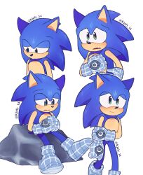 Rule 34 | 1boy, artist request, blue fur, closed mouth, furry, furry male, grabbing own arm, green eyes, hand on own arm, highres, open mouth, sonic (series), sonic prime, sonic the hedgehog, twitter username