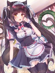 Rule 34 | 1girl, :d, absurdres, animal ear fluff, animal ears, apron, bad id, bad pixiv id, black dress, black thighhighs, blunt bangs, bow, breasts, brown hair, cat ears, cat tail, chocola (nekopara), cleavage, dress, floating hair, frilled apron, frilled dress, frills, from below, hair bow, hair ribbon, heart, heart tail, highres, holding, holding plate, hwwv5544, indoors, long hair, looking at viewer, maid, maid headdress, medium breasts, nekopara, open mouth, pink bow, plate, ribbon, short dress, sleeveless, sleeveless dress, smile, solo, standing, tail, thighhighs, very long hair, waist apron, white apron, white ribbon, wrist cuffs, yellow eyes, zettai ryouiki