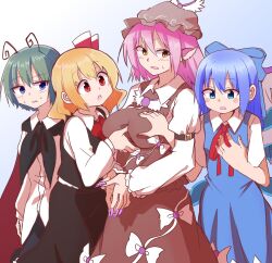 Rule 34 | 4girls, animal ears, antennae, bird ears, bird wings, blonde hair, blue bow, blue eyes, blue hair, blush, bow, breast envy, breasts, brown headwear, cirno, earrings, fairy, flat chest, grabbing, grabbing another&#039;s breast, green hair, hair bow, hair ribbon, hand on own chest, hat, highres, ice, ice wings, jewelry, large breasts, medium hair, multiple girls, mystia lorelei, open mouth, pink hair, red eyes, red ribbon, ribbon, rumia, shinmon akika, short hair, single earring, team 9, touhou, white wings, winged hat, wings, wriggle nightbug, yellow eyes