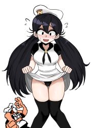 Rule 34 | 1boy, 1girl, absurdres, black eyes, black hair, black panties, black thighhighs, blush, breasts, clenched hand, clothes lift, dress, dress lift, dress shirt, embarrassed, flying sweatdrops, food, hair between eyes, hat, highres, large breasts, lifted by self, long hair, noodles, ok sign, panties, peppina ramen, peppino spaghetti, pixel art, pizza tower, ppppddd, ramen, shirt, short sleeves, simple background, skirt, skirt lift, smile, standing, sweat, thighhighs, thumbs up, twintails, underwear, white background, white hat