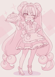 Rule 34 | 1girl, ;d, apron, collared dress, commentary, dress, frilled apron, frilled dress, frills, full body, grey background, hair between eyes, hair bobbles, hair ornament, hairband, hand up, high heels, highres, holding, holding tray, jigatei (omijin), kodomo no jikan, kokonoe rin, long hair, looking at viewer, monochrome, one eye closed, open mouth, pantyhose, pleated dress, puffy short sleeves, puffy sleeves, romaji text, serving dome, shadow, shoes, short eyebrows, short sleeves, smile, solo, sparkle, standing, symbol-only commentary, thick eyebrows, tray, twintails, very long hair, wrist cuffs