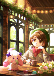 Rule 34 | 1girl, absurdres, alcremie, blurry, bob cut, brown eyes, brown hair, buttons, cable knit, cardigan, closed mouth, commentary request, creatures (company), cup, dress, eating, flower, game freak, gen 8 pokemon, gloria (pokemon), green headwear, grey cardigan, hat, head rest, highres, holding, holding cup, hooded cardigan, indoors, mug, nintendo, pink dress, pokemon, pokemon (creature), pokemon swsh, ribero, saucer, short hair, smile, table, tam o&#039; shanter, white flower