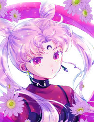Rule 34 | 1girl, bishoujo senshi sailor moon, black lady (sailor moon), chibi usa, cone hair bun, crescent, crescent facial mark, crystal earrings, double bun, earrings, facial mark, flower, forehead mark, hair bun, hoshikuzu (milkyway792), jewelry, long hair, looking at viewer, multicolored eyes, parted bangs, pink hair, red eyes, simple background, solo, twintails, upper body, white background, yellow eyes