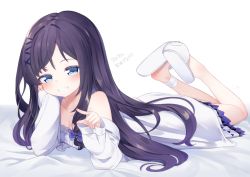1girl, aiba uiha, bandage, bandaged leg, bandages, bangs, bare shoulders, bed sheet, black hair, blue bow, blue eyes, blush, bow, breasts, cameltoe, camisole, cleavage, collarbone, commentary request, eyebrows visible through hair, grin, hair bow, hair ornament, hairclip, heart, jacket, kokone (coconeeeco), legs up, long hair, long sleeves, looking at viewer, lying, mole, mole under eye, nijisanji, off shoulder, on stomach, open clothes, open jacket, pleated skirt, shoe soles, skirt, sleeves past wrists, slippers, small breasts, smile, solo, translation request, very long hair, virtual youtuber, white background, white camisole, white footwear, white jacket, white skirt, x hair ornament