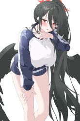 Rule 34 | 1girl, black hair, black wings, blue archive, blue jacket, blue shorts, blush, breasts, gym shirt, gym shorts, gym uniform, hair between eyes, halo, hasumi (blue archive), hasumi (track) (blue archive), highres, jacket, large breasts, leaning forward, long hair, low wings, mole, mole under eye, open clothes, open jacket, ponytail, red eyes, sayun (5 to 16 ), shirt, shorts, solo, sweat, track jacket, white shirt, wings