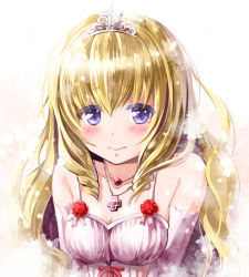Rule 34 | 10s, 1girl, amagi brilliant park, blonde hair, blush, breasts, cleavage, cross, cross necklace, drill hair, elbow gloves, gloves, jewelry, latifa fleuranza, long hair, looking at viewer, necklace, ribbon, small breasts, solo, tiara, tyone, white gloves