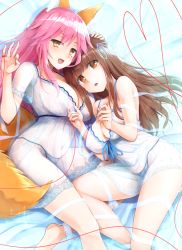 Rule 34 | 10s, 2girls, :d, :o, animal ears, areola slip, bare shoulders, barefoot, bed sheet, bikini, bikini bottom only, blue panties, blue ribbon, breasts, brown eyes, brown hair, cleavage, fang, fate/extella, fate/extra, fate (series), fox ears, fox tail, hair ribbon, heart, heart of string, kishinami hakuno (female), kurikara, large breasts, lingerie, long hair, looking at viewer, lying, multiple girls, navel, negligee, ok sign, on side, open mouth, panties, parted lips, pink hair, ribbon, see-through, smile, swimsuit, tail, tamamo (fate), tamamo no mae (fate/extra), underwear, yellow eyes