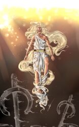 Rule 34 | 1boy, aged up, apparition, blonde hair, brown background, dress, elden ring, floating, floating hair, gold, hair flowing over, highres, ittybittyfuck, jewelry, light rays, long hair, miquella (elden ring), signature, solo, translucent, very long hair, white dress, white eyes