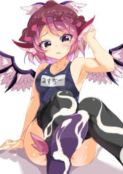 Rule 34 | 1girl, animal ears, armpits, ass, bare arms, bare shoulders, bird ears, bird wings, black footwear, black one-piece swimsuit, black thighhighs, blush, breasts, brown eyes, brown hat, cum, hat, highres, medium breasts, mystia lorelei, name tag, one-piece swimsuit, open mouth, pink hair, porurin, school swimsuit, shoes, short hair, simple background, sitting, solo, swimsuit, thighhighs, touhou, white background, white wings, winged footwear, winged hat, wings