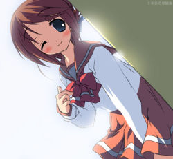 Rule 34 | 00s, 1girl, ;), against wall, blue eyes, brown hair, dutch angle, folded ponytail, kantoku, komaki manaka, long sleeves, looking at viewer, lowres, one eye closed, red skirt, sailor collar, school uniform, shirt, skirt, smile, solo, to heart (series), to heart 2, white shirt, wind