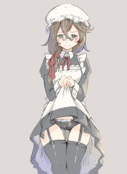 Rule 34 | 1girl, black panties, brown hair, clothes lift, commentary, dress, dress lift, garter straps, glasses, green eyes, hat, highres, ikeshiki-chuujou, lifted by self, low tied hair, maid, maid cap, mob cap, original, panties, simple background, solo, thighhighs, underwear