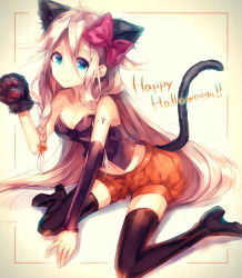 Rule 34 | 1girl, animal ears, animal hands, bad id, bad pixiv id, beige background, black thighhighs, blue eyes, bow, breasts, cat ears, cat paws, cat tail, chocoan, cleavage, english text, full body, gloves, hair bow, halloween, highres, ia (vocaloid), long hair, paw gloves, pink hair, shorts, simple background, sitting, tail, thighhighs, vocaloid, wariza, yellow background, zettai ryouiki