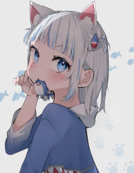 Rule 34 | 1girl, animal ear fluff, animal ears, bloop (gawr gura), blue eyes, blue hair, blunt bangs, cat ears, commentary, facial mark, gawr gura, grey background, hair ornament, hairclip, highres, hololive, hololive english, hood, hood down, hoodie, looking at viewer, medium hair, mouth hold, multicolored hair, simple background, solo, streaked hair, sweatdrop, two-tone hair, two side up, uica, upper body, virtual youtuber, whisker markings, white hair