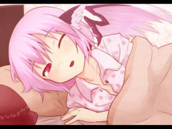 Rule 34 | 1girl, alternate costume, animal ears, ayagi daifuku, bed, blanket, blush, fang, female focus, hat, unworn hat, unworn headwear, letterboxed, looking at viewer, lying, mystia lorelei, on bed, on side, one eye closed, open mouth, pajamas, pillow, pink hair, pov across bed, red eyes, solo, touhou, under covers, upper body, waking up, wings, wink