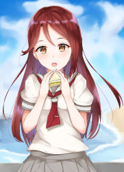 1girl absurdres ayase_chisato_(ay_c1) blue_sky brown_eyes cloud day female_focus floating_hair food grey_skirt hair_between_eyes highres holding holding_food long_hair love_live! love_live!_sunshine!! neckerchief open_mouth outdoors pleated_skirt red_hair red_neckerchief sakurauchi_riko sandwich school_uniform serafuku shirt short_sleeves skirt sky solo upper_body very_long_hair white_shirt