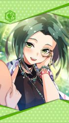 Rule 34 | 1girl, holding another&#039;s arm, artist request, bangle, bead necklace, beads, black choker, black one-piece swimsuit, blush, bracelet, breasts, choker, framed image, green eyes, green hair, hand on own cheek, hand on own face, highres, jewelry, large breasts, monocle, necklace, official art, one-piece swimsuit, open mouth, phantom of the kill, sharur (phantom of the kill), short hair, smile, swimsuit, towel