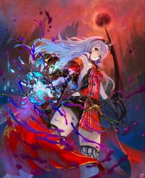 Rule 34 | 1girl, armband, arnas (yoru no nai kuni), belt, breasts, cityscape, gloves, goggles, gradient background, highres, long hair, magic, moon, official art, red moon, red sky, sideboob, sky, solo, sword, thighhighs, thighs, tower, weapon, white hair, yellow eyes, yoru no nai kuni