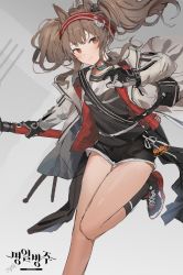 Rule 34 | 1girl, angelina (arknights), animal ears, arknights, bag, black shirt, black shorts, black socks, brown hair, choker, floating hair, gloves, gompang, grey background, grey jacket, hairband, highres, holding, jacket, leg up, long hair, long sleeves, looking at viewer, open clothes, open jacket, red eyes, shirt, shoes, short shorts, shorts, shoulder bag, sneakers, socks, solo, thighs, twintails