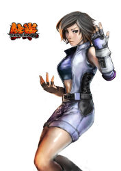 Rule 34 | 1girl, belt, breasts, brown eyes, brown hair, crop top, elbow gloves, elbow pads, erufan, fighting stance, fingerless gloves, gloves, hand guard, kazama asuka, looking at viewer, midriff, nose, parted lips, short hair, short jumpsuit, solo, standing, tekken, tekken 5, tekken 6, tekken tag tournament 2, unitard, unzipped, white background