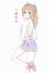 Rule 34 | 1girl, ahoge, arm around waist, arms at sides, artist request, bare back, bare legs, bare shoulders, brown hair, blowing bubbles, character request, chewing gum, color guide, constricted pupils, copyright request, flipped hair, from side, grid background, hair between eyes, high ponytail, highres, leg up, looking to the side, messy hair, miniskirt, parted bangs, pink footwear, pleated skirt, purple eyes, purple skirt, shadow, shirt, shoes, sidelocks, simple background, skirt, sleeveless, sleeveless shirt, sneakers, solo, standing, standing on one leg, thighs, tied shirt, white shirt