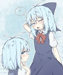Rule 34 | 1girl, ?, ahoge, antenna hair, arm behind head, blue background, blue bow, blue dress, blue eyes, blue hair, blush, bow, check commentary, cirno, commentary request, dress, hair bow, highres, ice, ice wings, kae karee, looking to the side, medium hair, messy hair, multiple views, pinafore dress, red ribbon, ribbon, shirt, short sleeves, sleeveless, sleeveless dress, spoken question mark, sweat, tears, touhou, uneven eyes, white shirt, wings