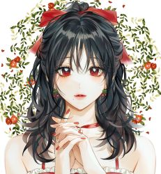 Rule 34 | 1girl, bare shoulders, black hair, blush, bow, cherry earrings, commentary, dress, earrings, english commentary, eyebrows hidden by hair, flower, food-themed earrings, food themed earrings, frills, hair bow, hands up, highres, interlocked fingers, jewelry, long hair, looking at viewer, ma yoyo, nail polish, original, portrait, red bow, red dress, red eyes, red nails, ring, sidelocks, sleeveless, sleeveless dress, smile, solo, tareme, upper body, wavy hair, white background