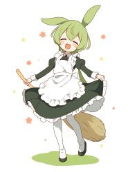 Rule 34 | 1girl, :d, absurdres, alternate costume, animal ears, apron, black dress, black footwear, blush, broom, closed eyes, collared dress, dot nose, dress, enmaided, facing viewer, flower, frilled apron, frills, green hair, head tilt, highres, holding, holding broom, juliet sleeves, long sleeves, maid, open mouth, pantyhose, petticoat, puffy sleeves, rabbit ears, rabbit girl, red flower, shadow, shoes, simple background, skirt hold, smile, solo, voicevox, white apron, white background, white pantyhose, zundamon, zunmut