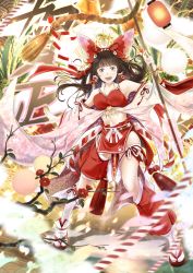Rule 34 | 1girl, :d, adapted costume, arkatopia, bare shoulders, black hair, blush, bow, breasts, brown eyes, brown hair, cleavage, detached sleeves, floral print, flower, full body, gohei, hair bow, hair ornament, hair tubes, hakurei reimu, highres, holding, japanese clothes, large breasts, long hair, looking at viewer, medium breasts, midriff, navel, open mouth, red bow, red skirt, ribbon-trimmed sleeves, ribbon trim, sandals, sidelocks, skirt, smile, socks, solo, standing, tabi, torii, touhou, very long hair, white socks, wide sleeves, zouri
