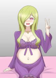 Rule 34 | 1girl, blonde hair, blush, bra, breasts, fang, highres, jashin-chan dropkick, jewelry, large breasts, long hair, looking at viewer, navel, necklace, open mouth, persephone (jashin-chan dropkick), pregnant, purple bra, red eyes, smile, underwear, v
